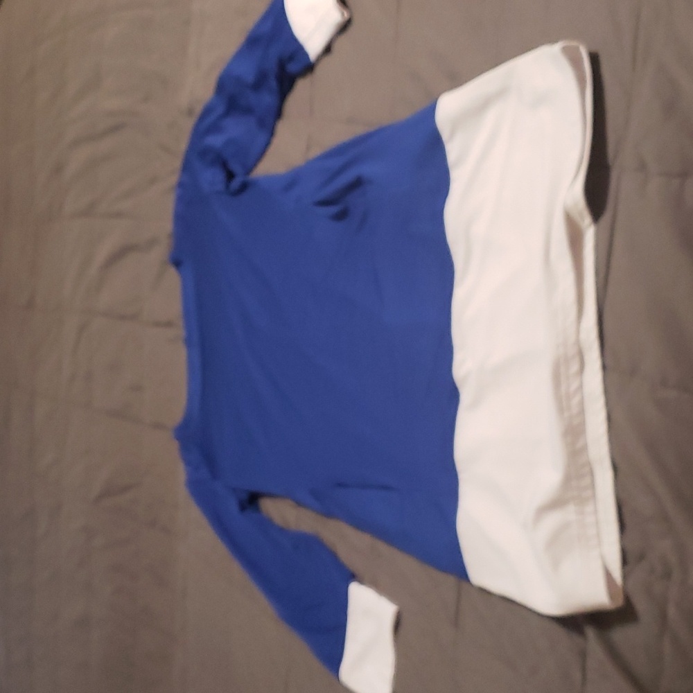 BLUE and white Aline dress, white at the end of the sleeves and bottom